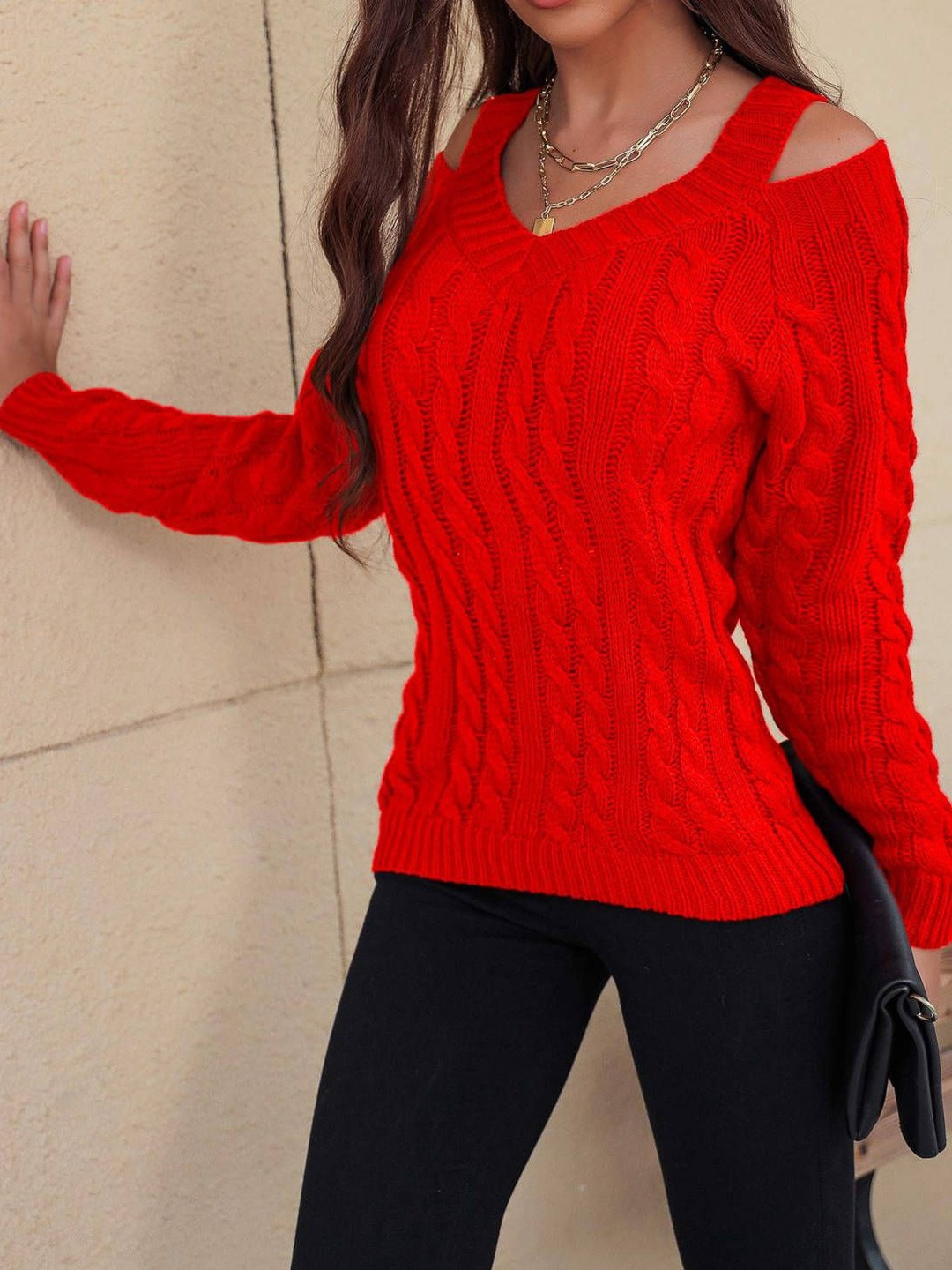HERE&NOW Women Red Acrylic Ribbed Long Sleeves Sweaters