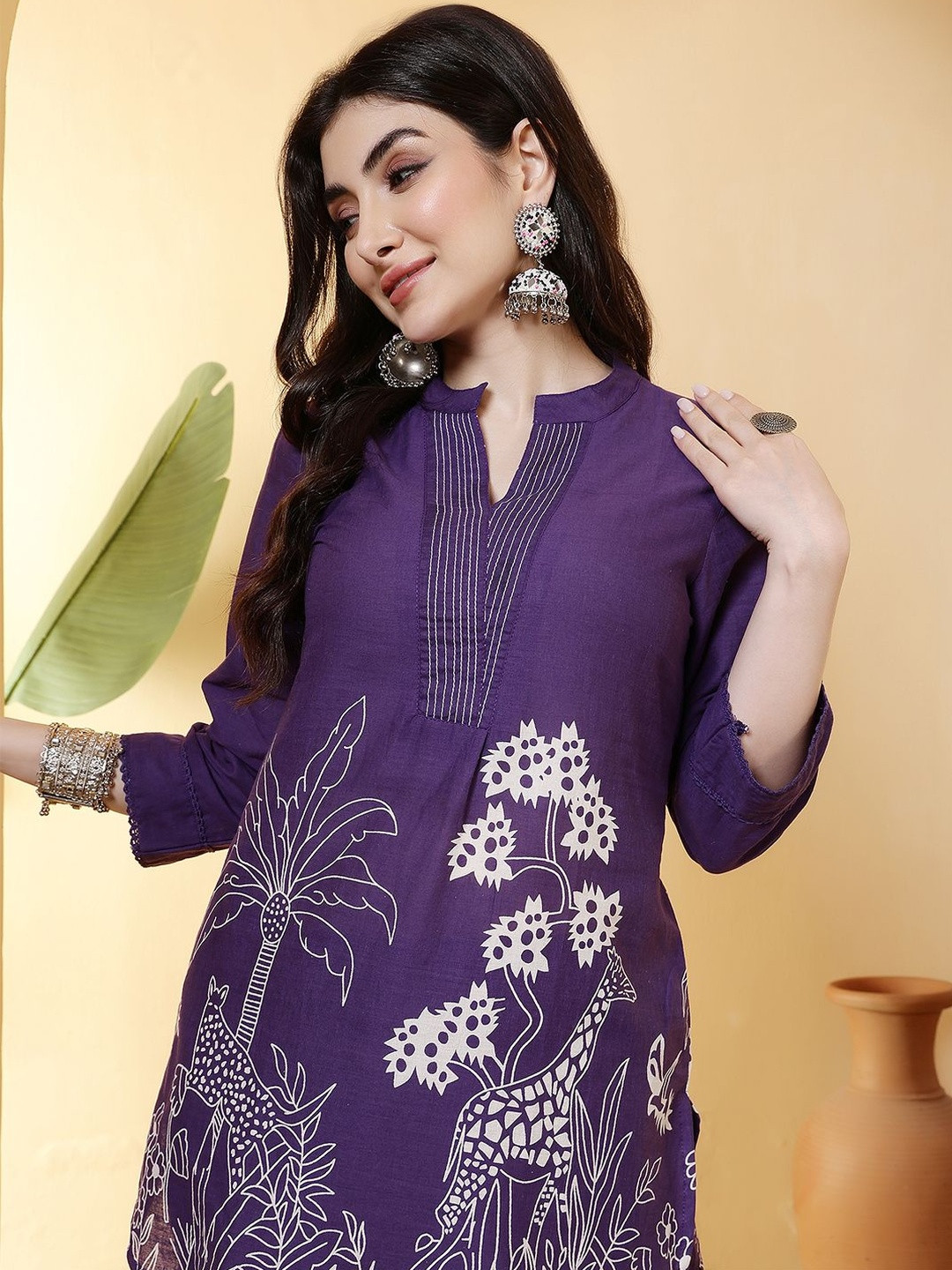 Sangria Women Cotton Purple Placement Printed Top with Trouser Co-Ord Set