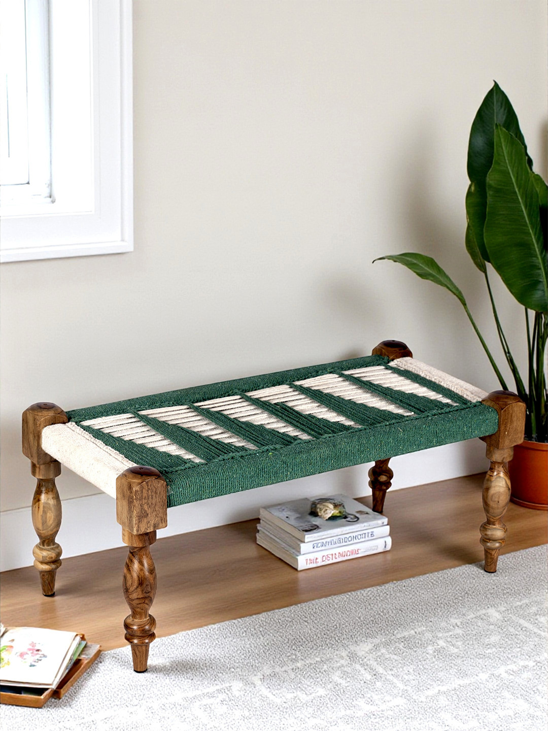 Ikiriya Oakville Sheesham Wood Vintage 2 Seater Maachi Bench In Green & White Rope Canning