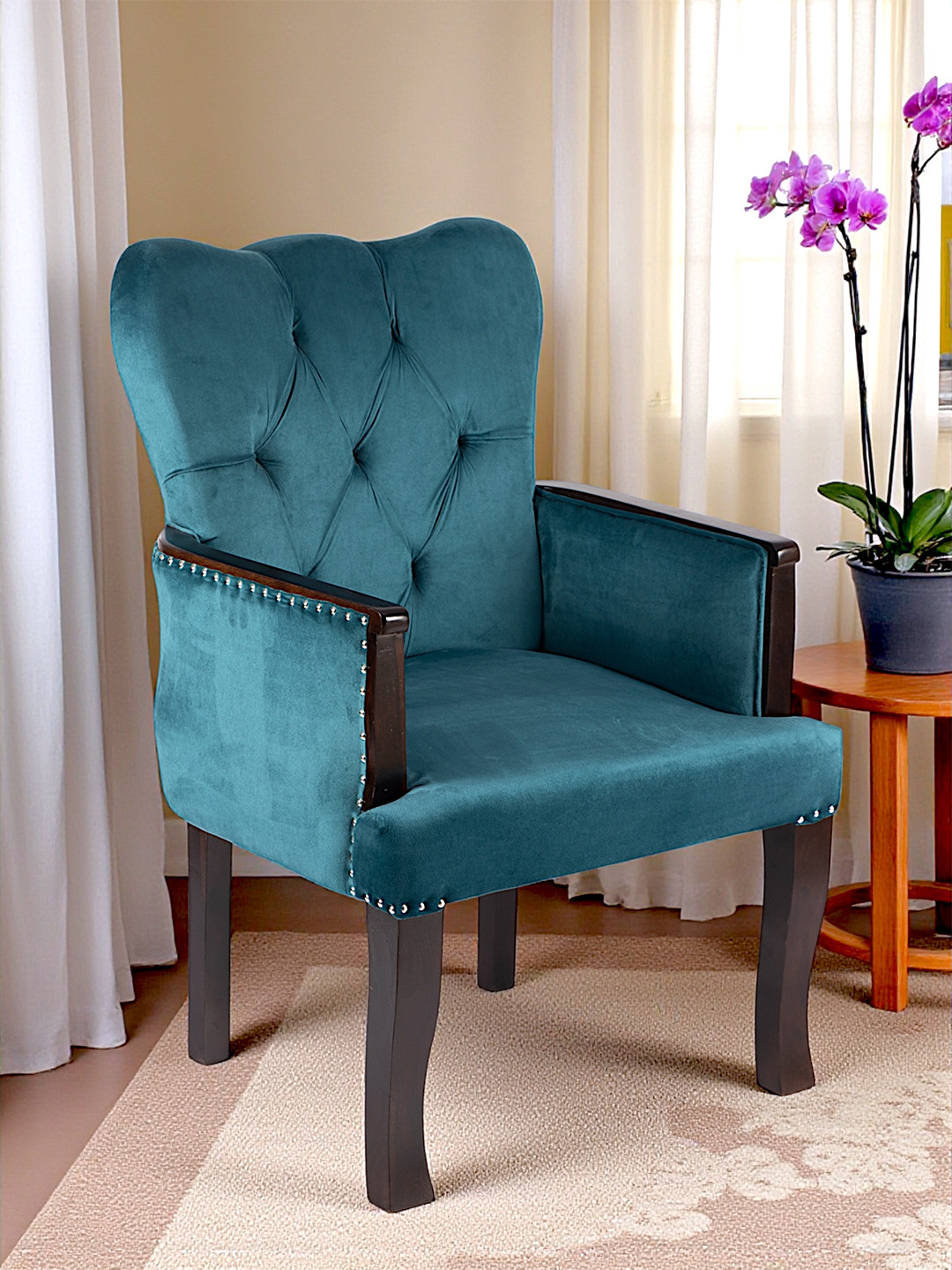 Ikiriya Arista Sheesham Wood Accent Lounge Chair In Turquoise Sea Velvet Upholstery