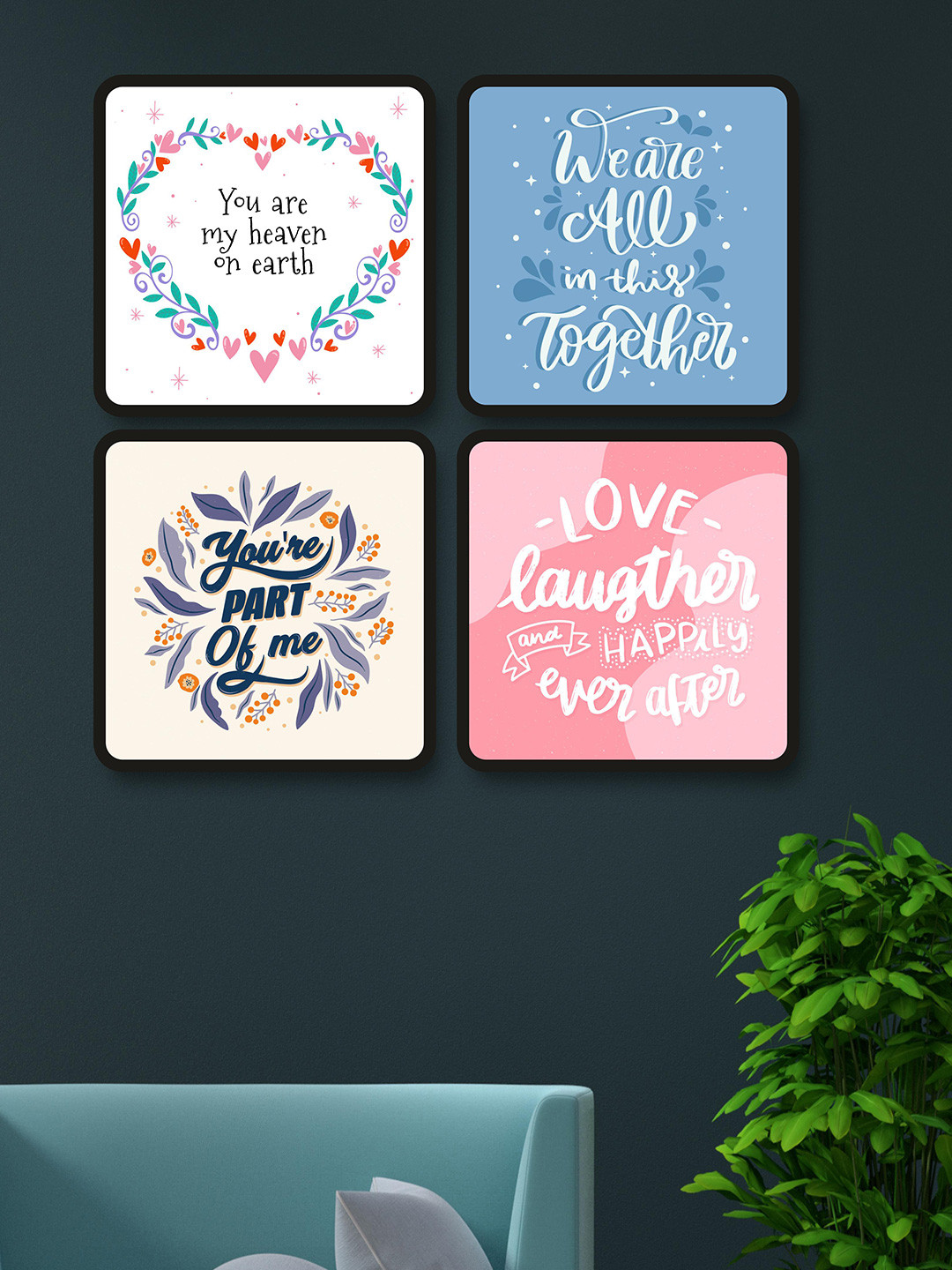 SAF 4 Pcs Blue & Pink Love Quotes Painting Framed Wall Art
