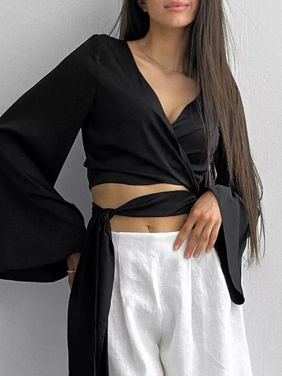 LULU & SKY Women's Solid Waist Belt Bell Sleeve Wrap Crop Top