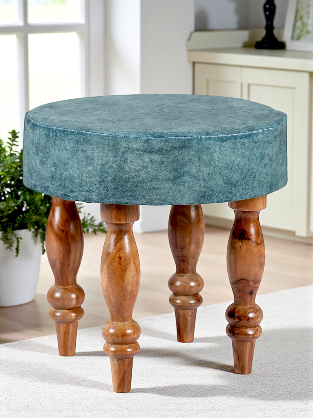 Ikiriya Sheesham Wood Contemporary Round Stool In Blue Jacquard Work Fabric Upholstery