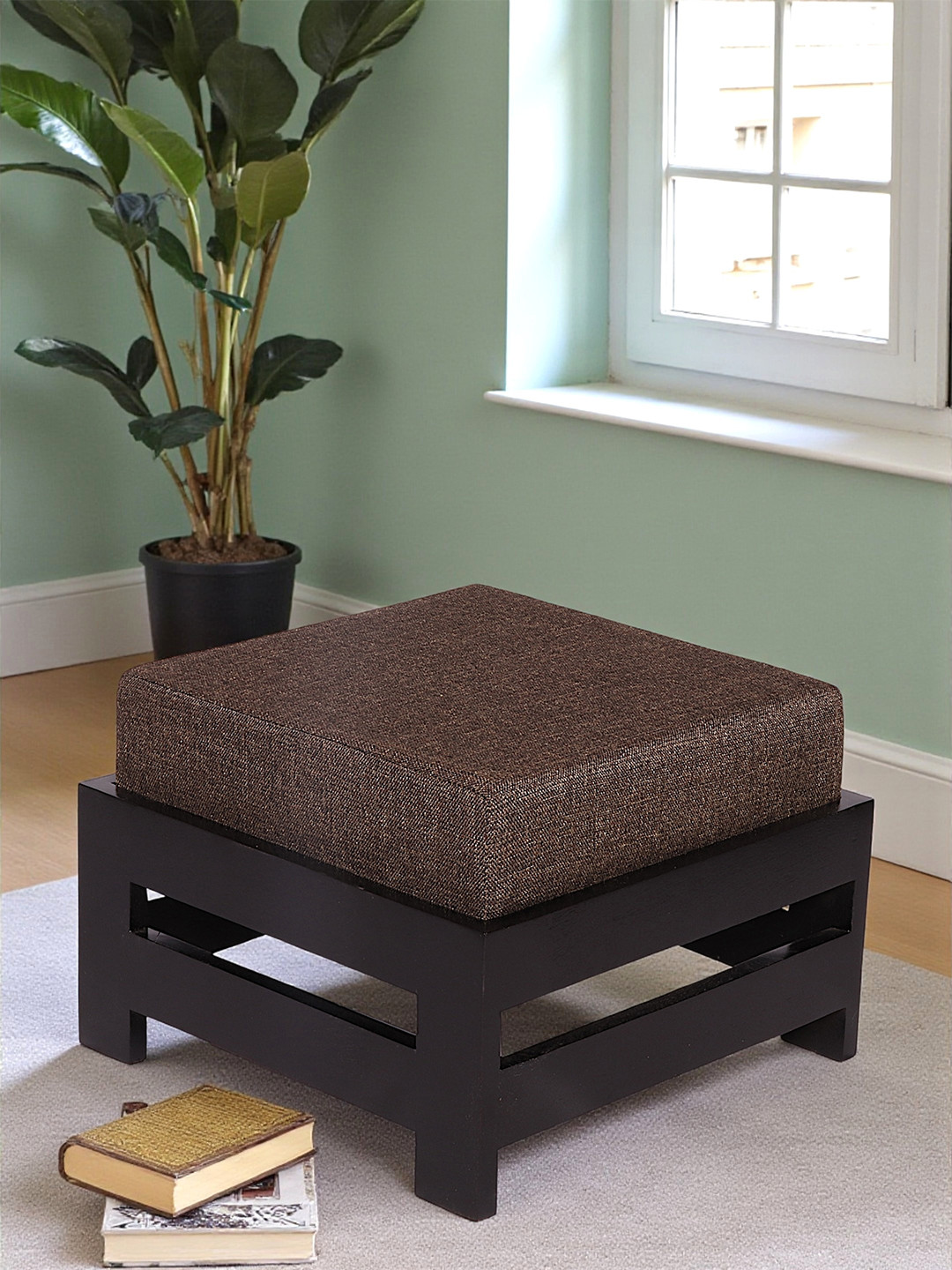 Ikiriya Sheesham Wood Foot Stool In Extra Dark Mahagony Finish With Jute Brown Cushion