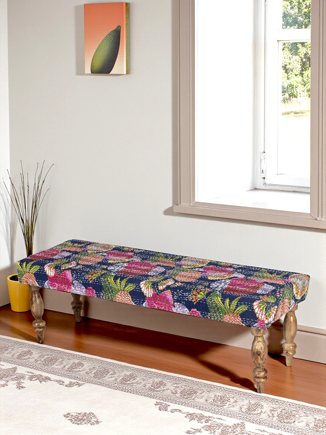 Ikiriya Cairo Sheesham Wood Mid Century 3 Seater Bench In Fruit Print Blue Kantha