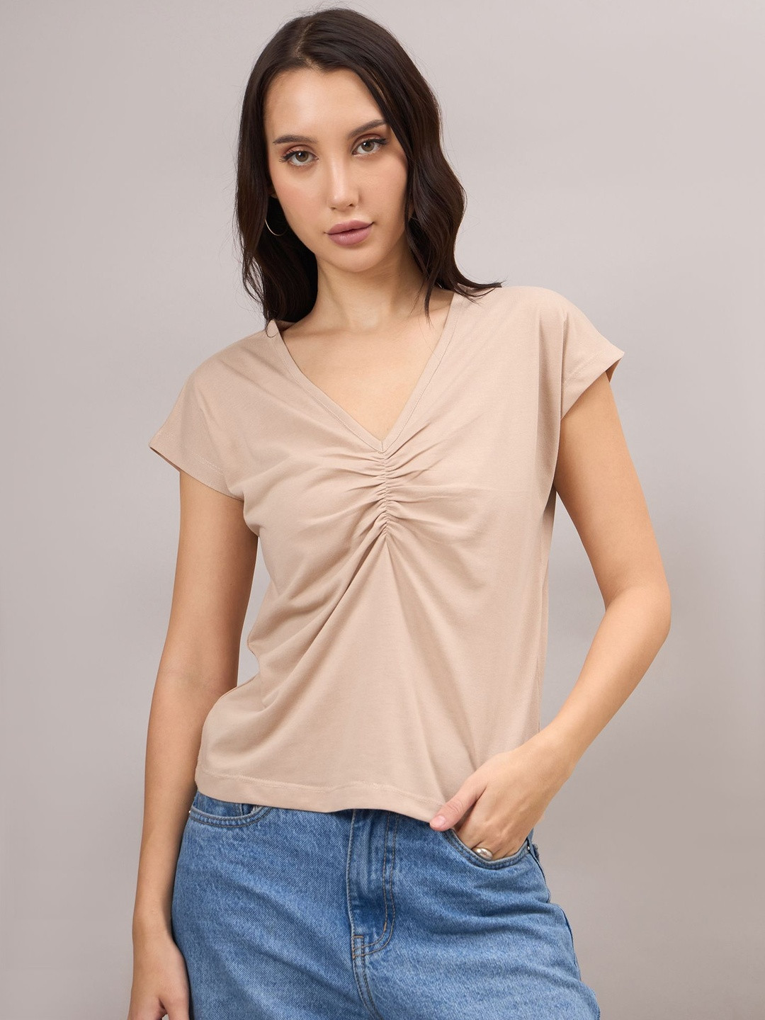 R.Code by The Roadster Life Co. Women V-Neck Gathered or Pleated Cotton Top