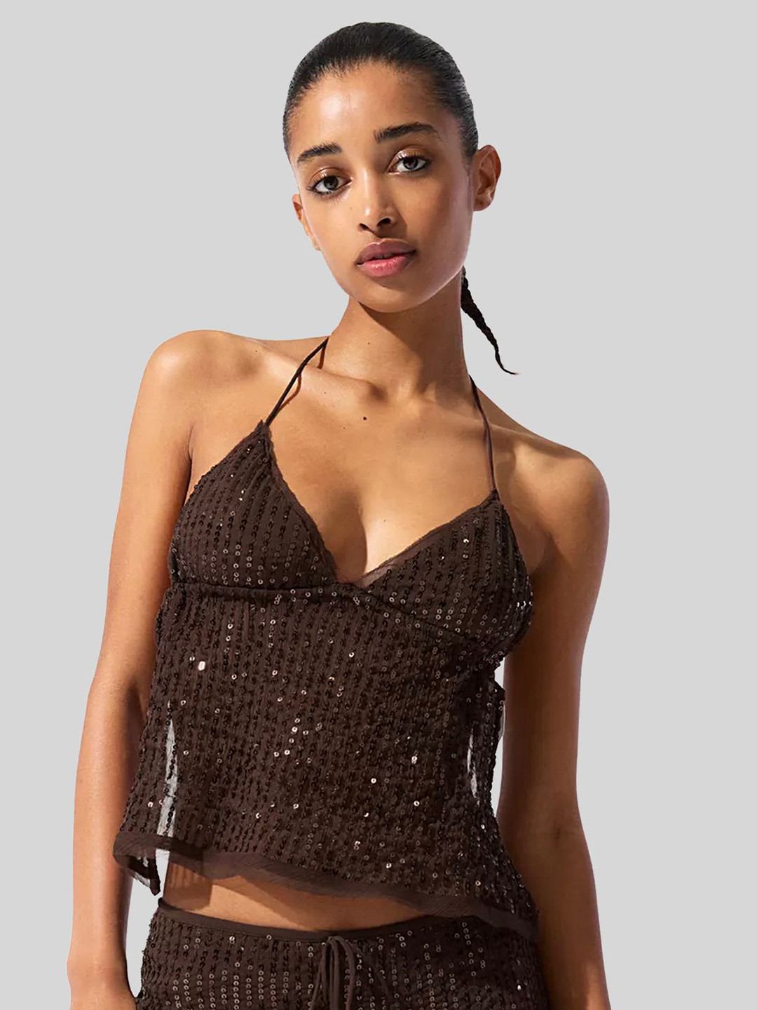 LULU & SKY Women Sequined Halter Neck Crop Top