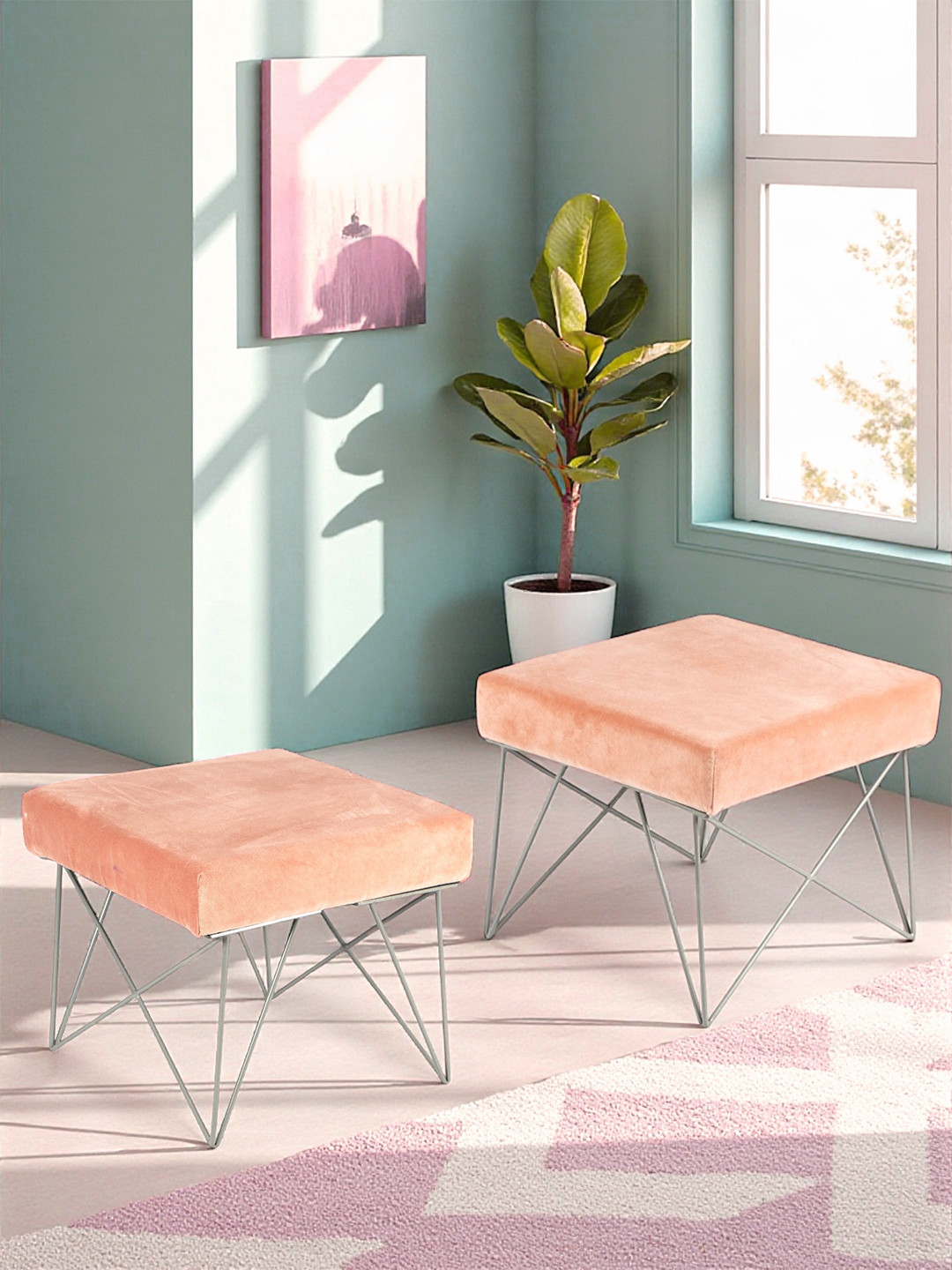 Ikiriya Rosewood Accent Set Of 2 Stools With Metal Legs In Melon Pink Cotton Velvet Fabric