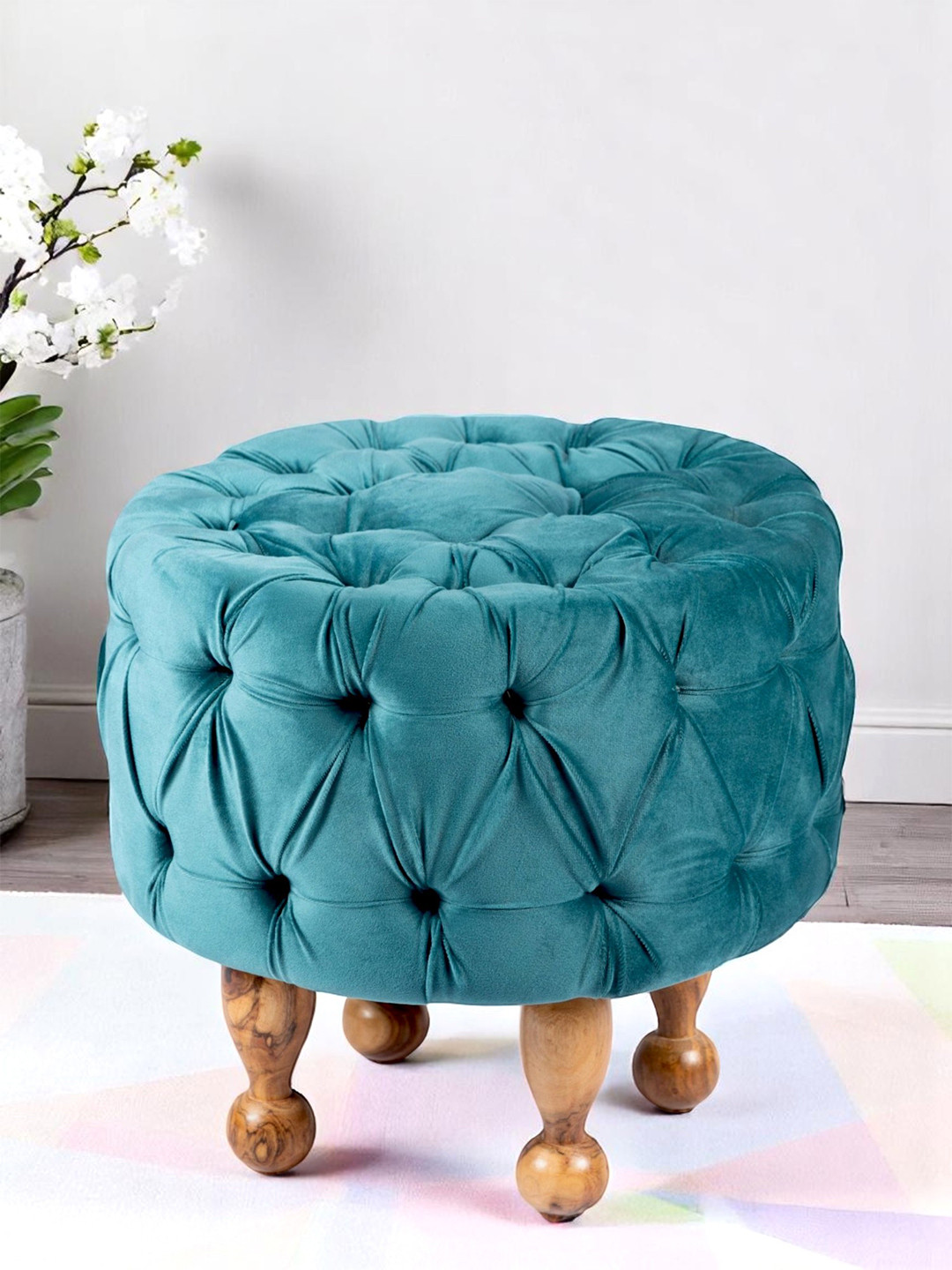 Ikiriya Louisville Acacia Wood Accent Round Pouf Stool In Turquoise Sea Velvet Upholstery