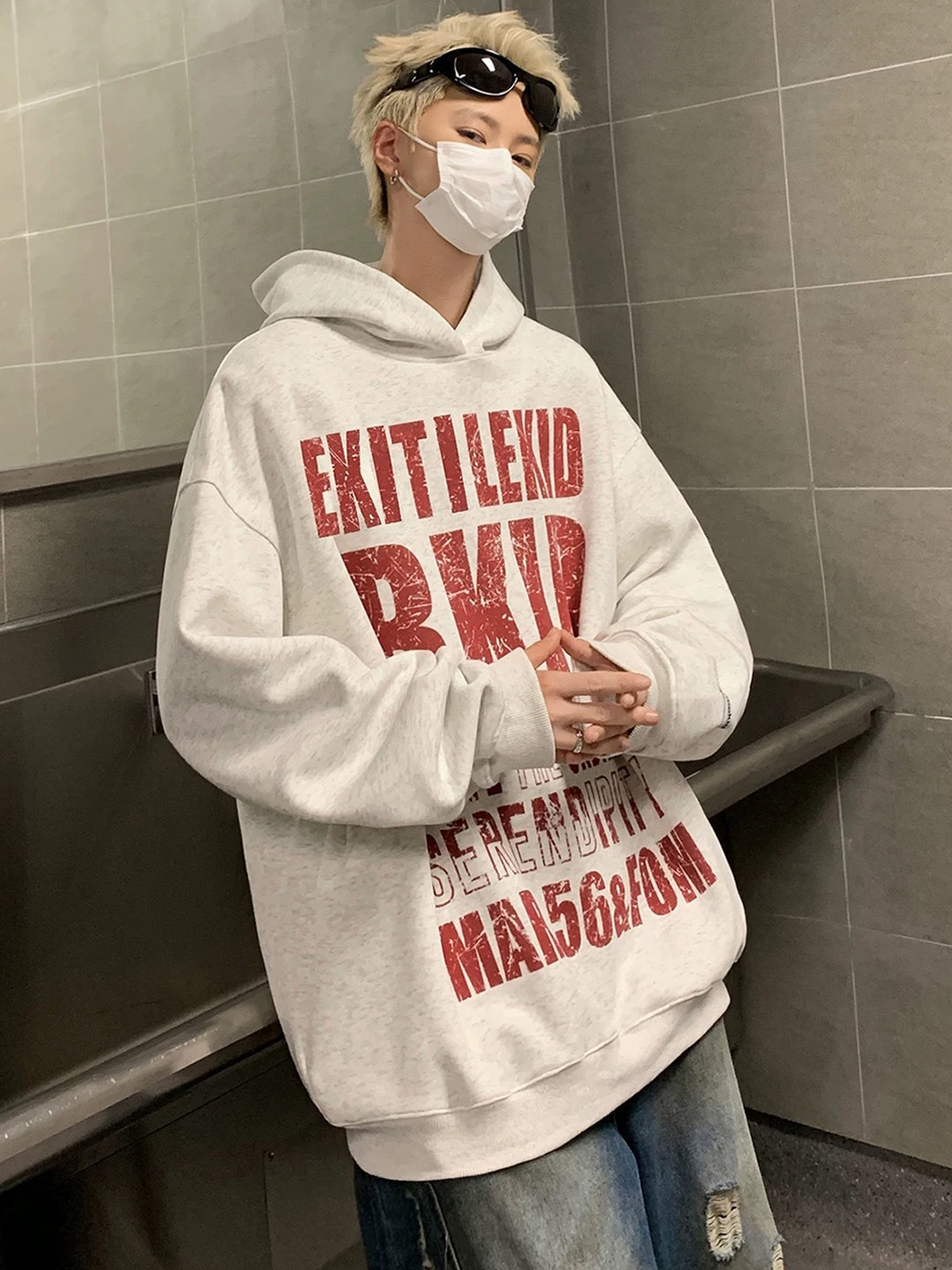 Grey Graphic Hooded Long Sleeve Sweatshirt