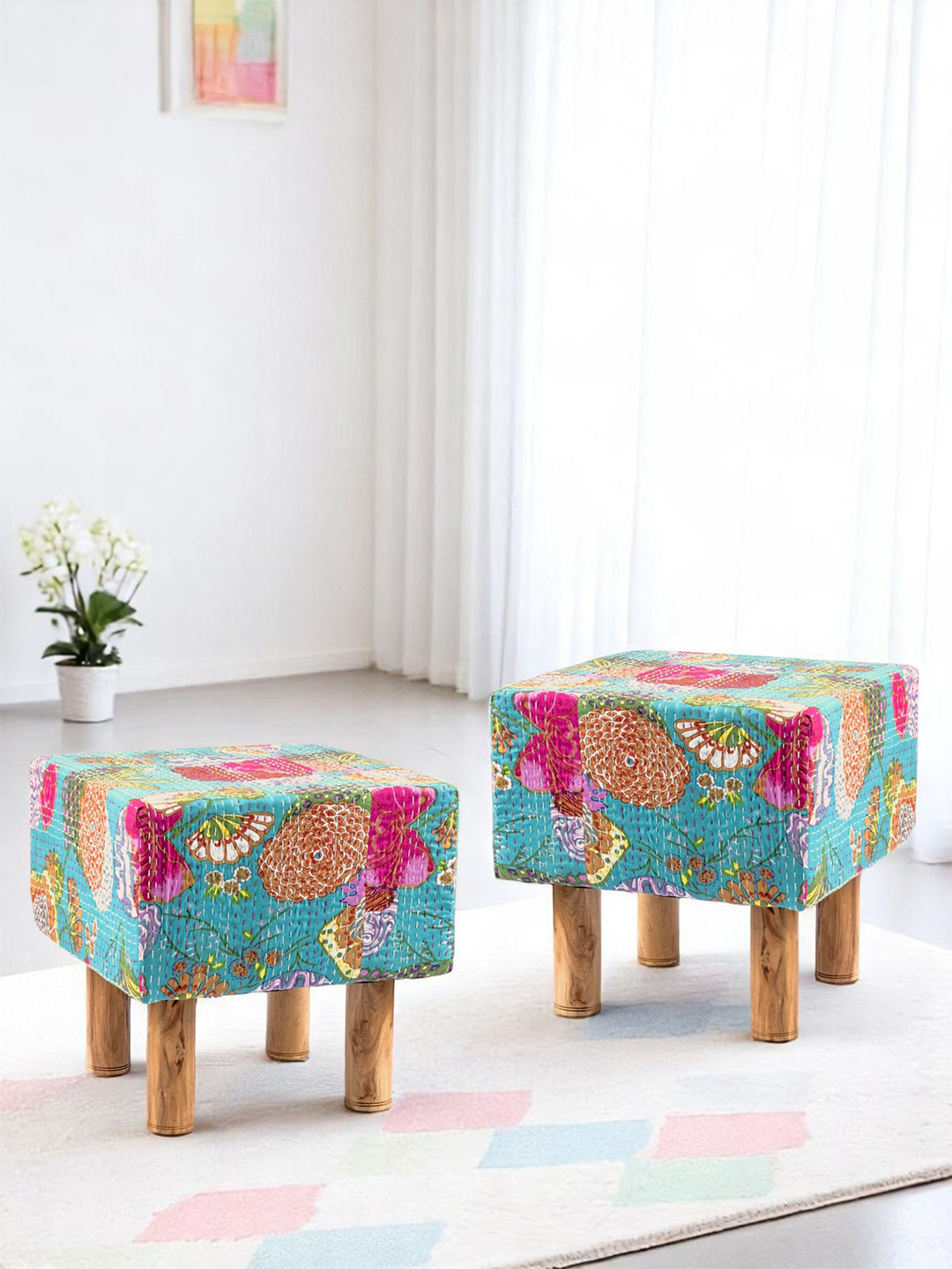 Ikiriya Solid Wood Square Set Of 2 Pouf Stools In Sea Green Fruit Print Kantha Fabric
