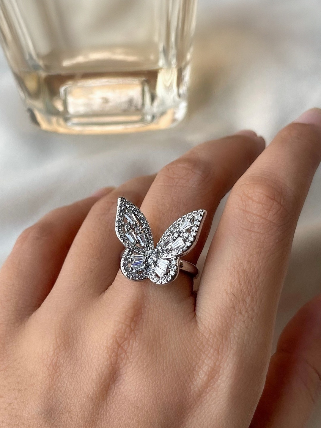 LOLO LePA Women Silver Brass Crystal Cindy Butterfly Ring