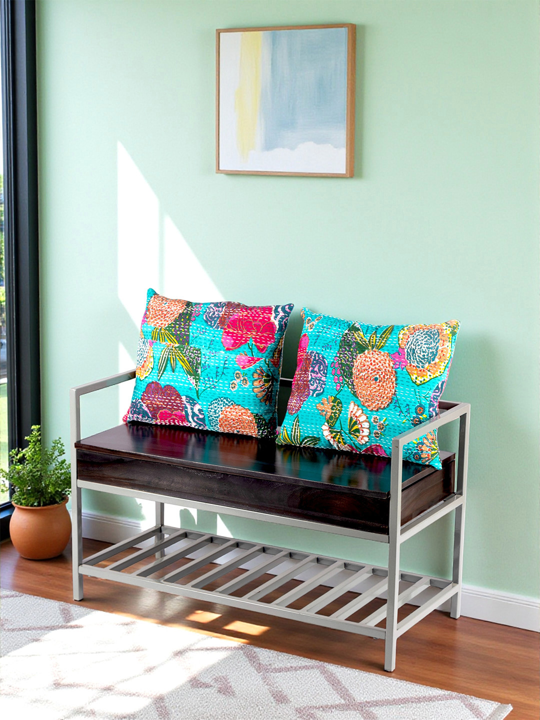 Ikiriya Kerdley Metal Accent 2 Seater Couch / Bench With Stroage & 2 Printed Cushions