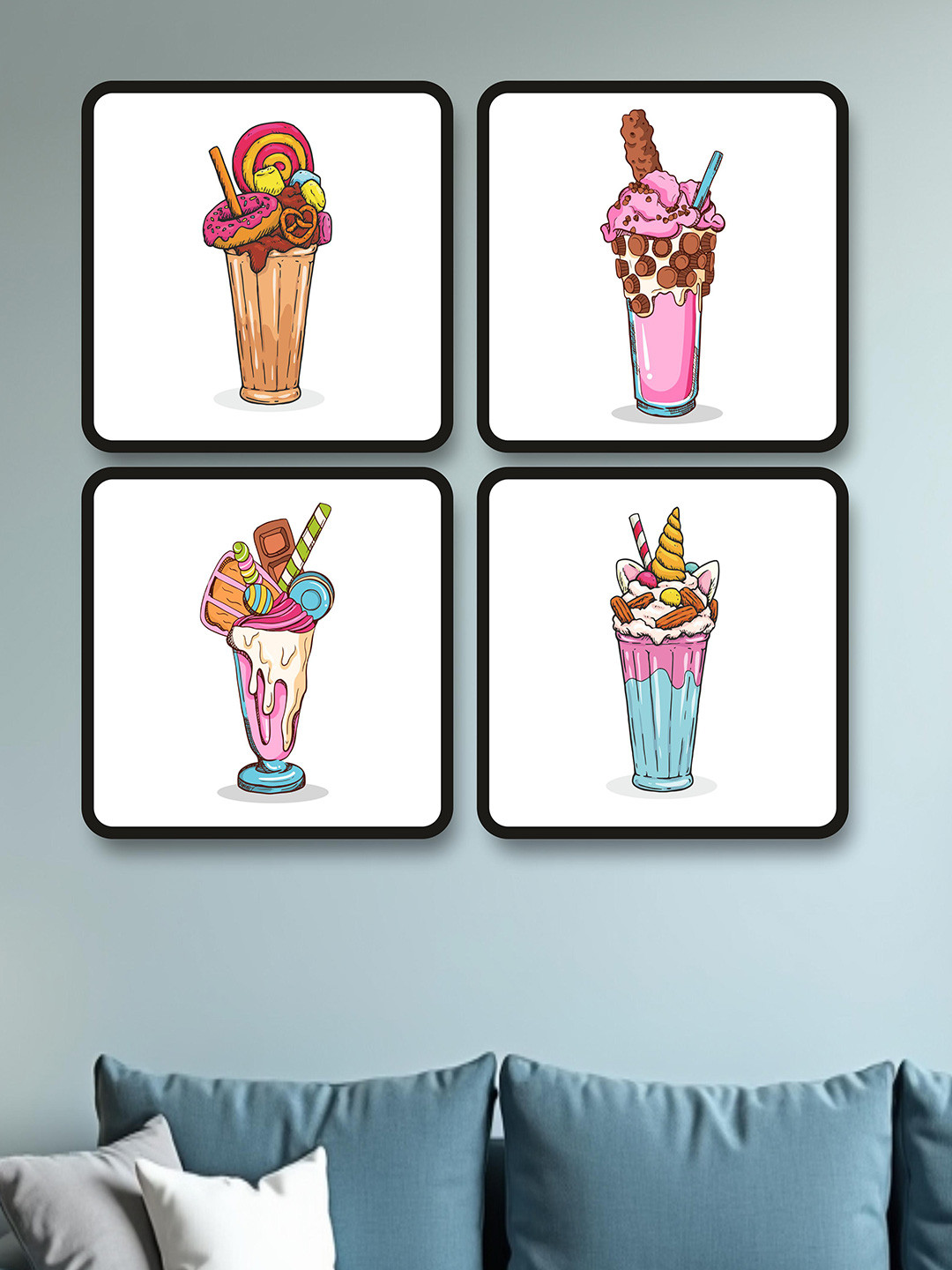 SAF White & Black 4 Pieces Ice cream Theme Painting Framed Wall Art