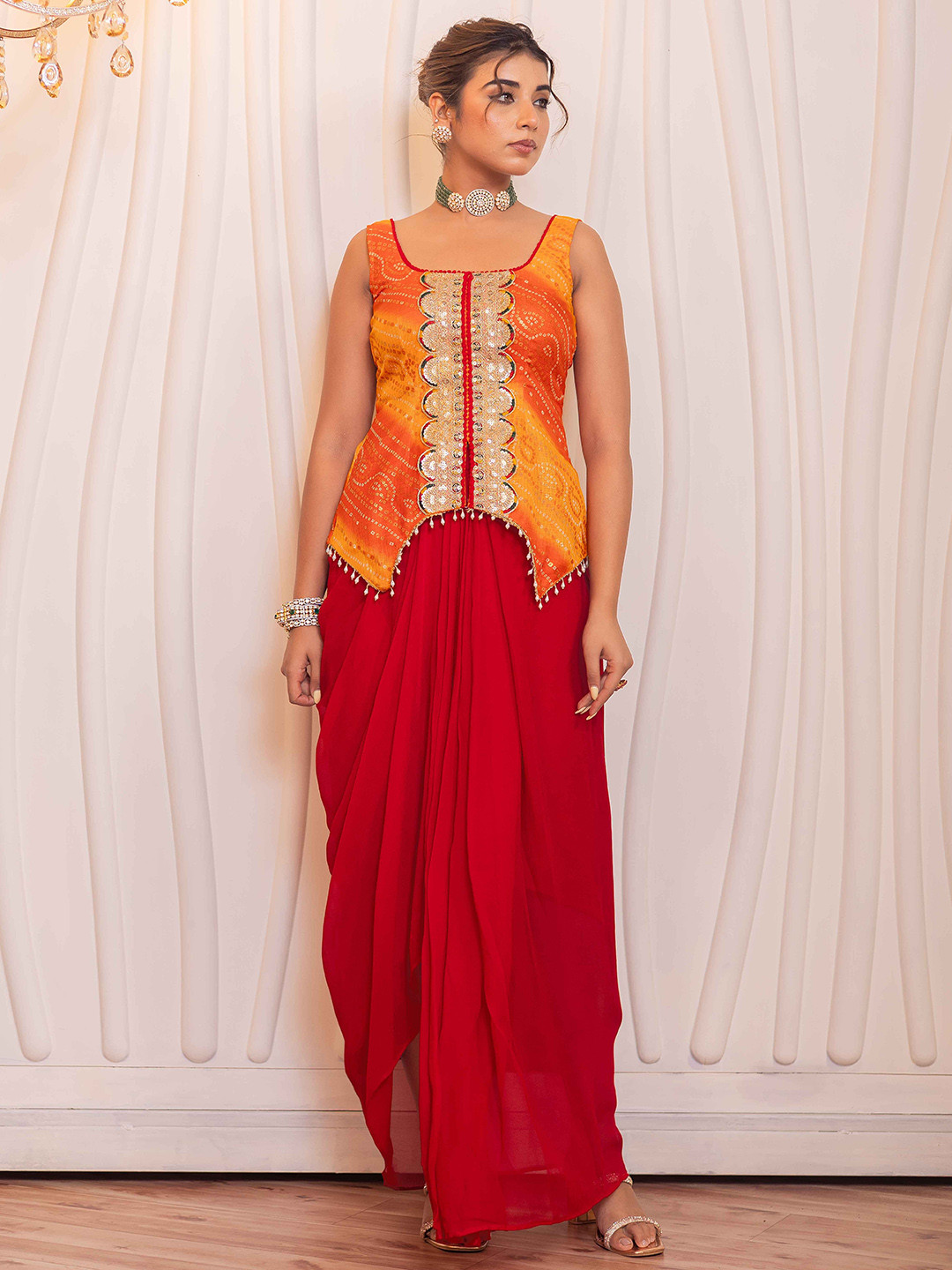 LABEL ADITI HUNDIA Shagun Printed Square Neck Top & Drape Skirt Set