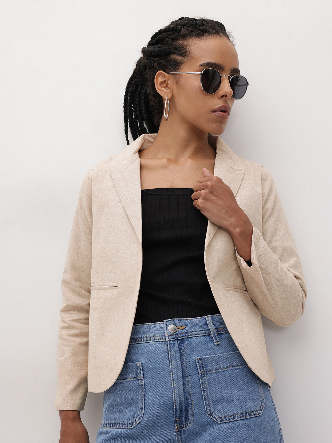 R.Code by The Roadster Life Co. Shawl Collar Pure Cotton Front-Open Blazer