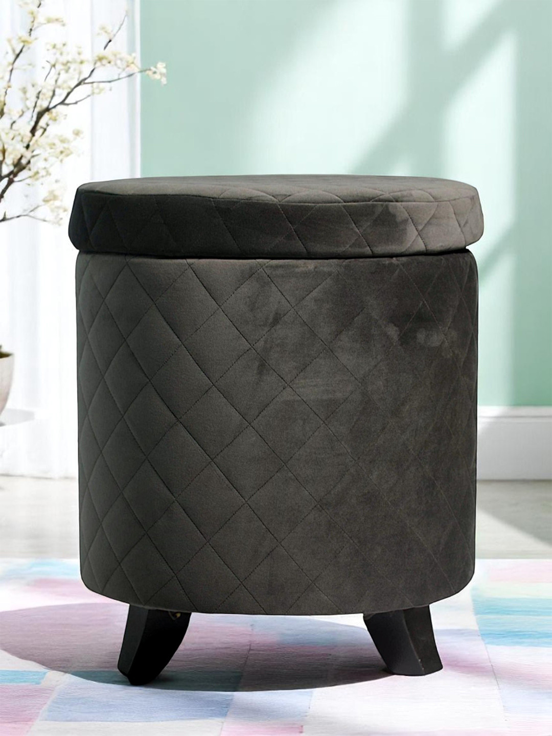 Ikiriya Orlando Solid Wood Ottoman Pouffee In Iron Grey Velvet