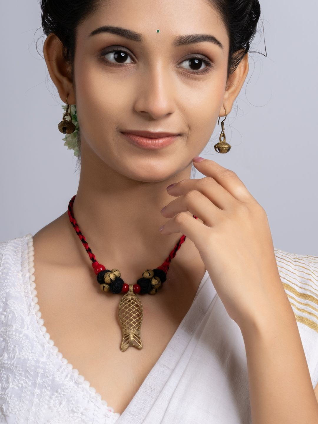 Look and Adorn Dokra Brass Fish Ghungroo Necklace Set With Earrings