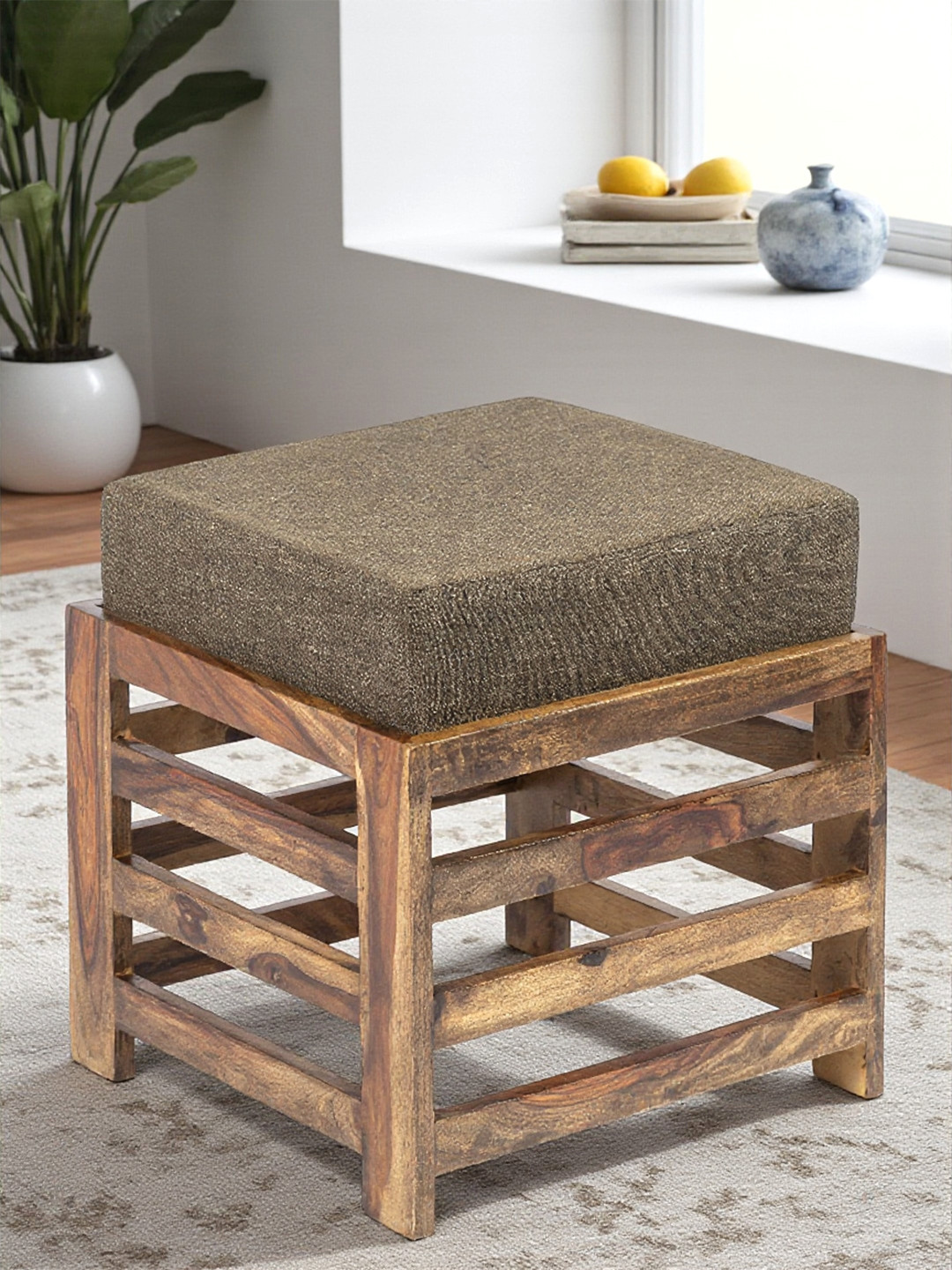 Ikiriya Sheesham Wood Contemporary Square Stool In Teak Finish With Jute Brown Cushion