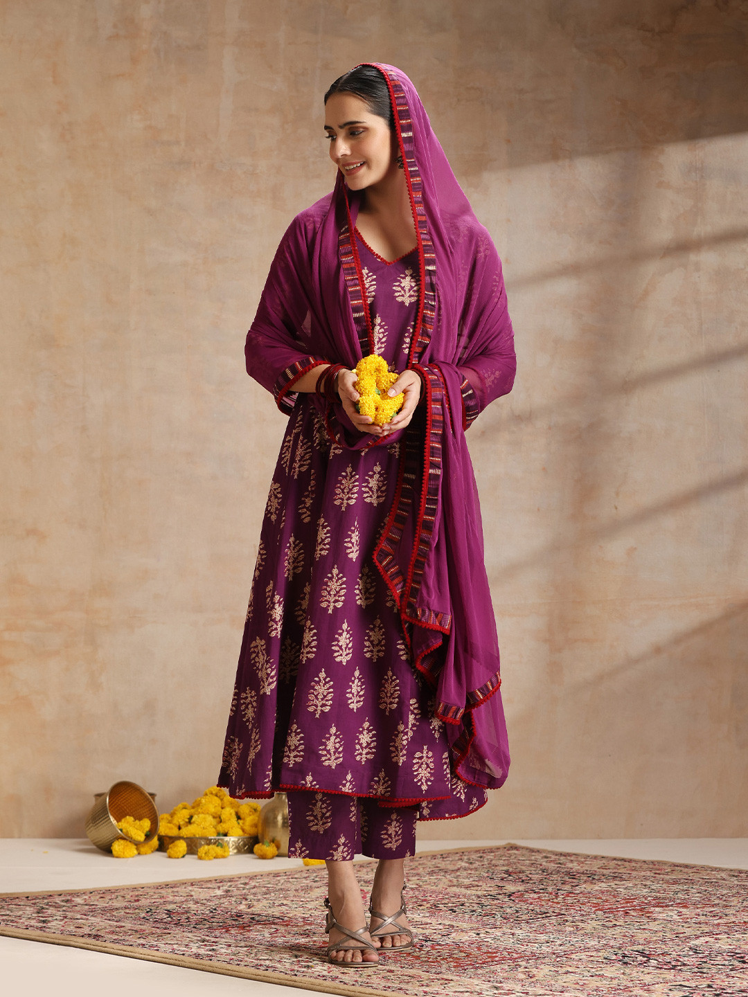Khushal K Ethnic Motifs Printed V-Neck Pure Cotton A-Line Kurta With Trousers & Dupatta