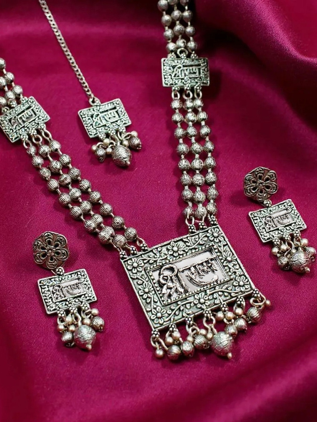 LUCKY JEWELLERY Sliver-Plated Shree Ram Temple Oxidised Necklace & Earrings And Mangtikka
