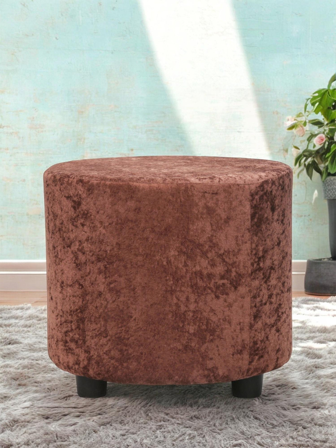 Ikiriya Lisbon Solid Wood Ottoman Pouffee In Brown Sparkle Velvet