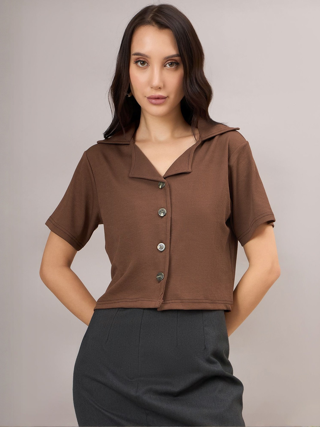 R.Code by The Roadster Life Co. Women Solid Shirt Collar Button Closure Regular Crop Top