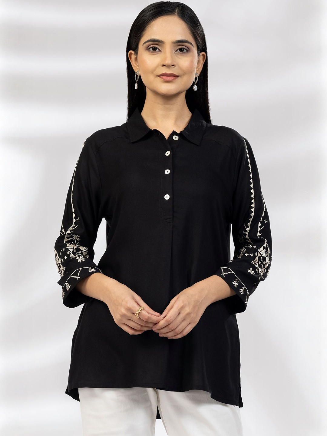 Mustard Women Shirt Collar Embroidered Tunic