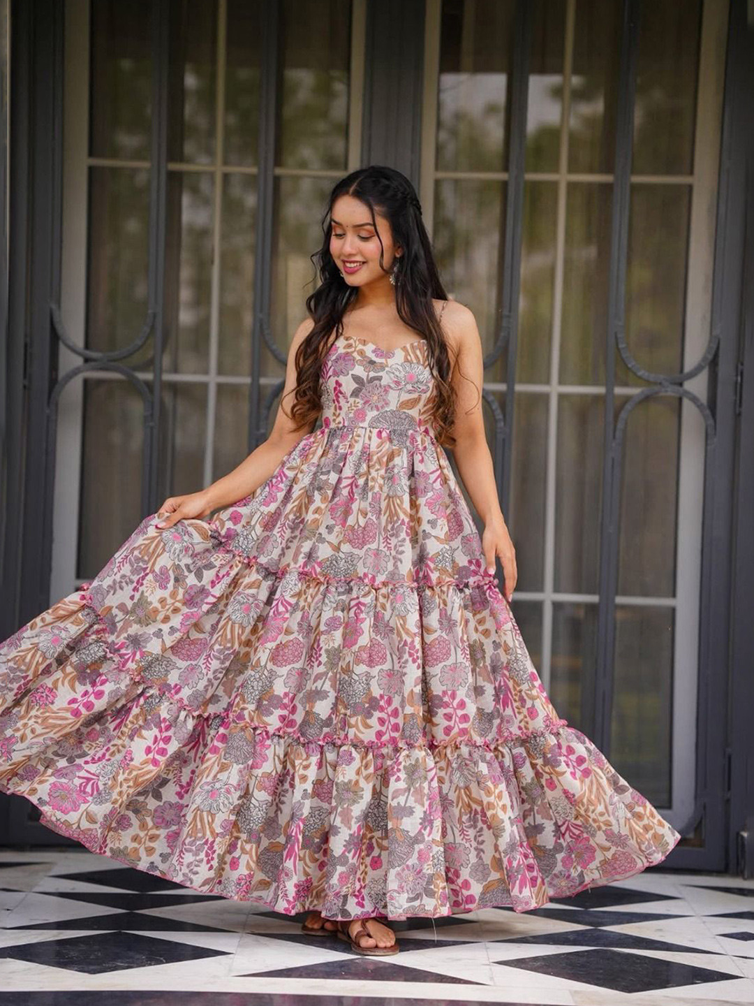 J.KANJI Women Floral Printed Shoulder Straps Maxi Dress