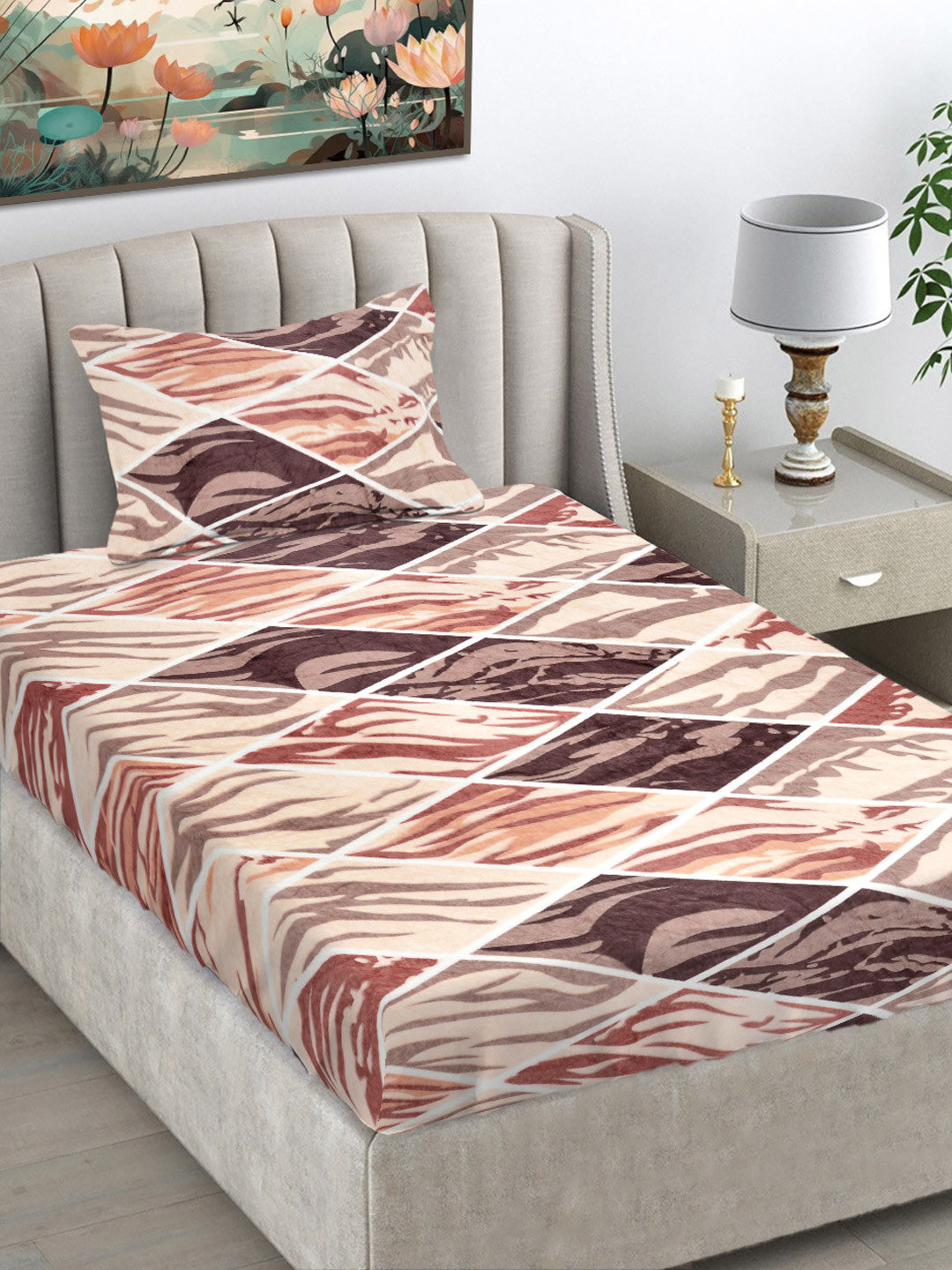 FABINALIV Brown & White Geometric Woollen 300 TC Single Bedsheet Set-2.2mX1.50m
