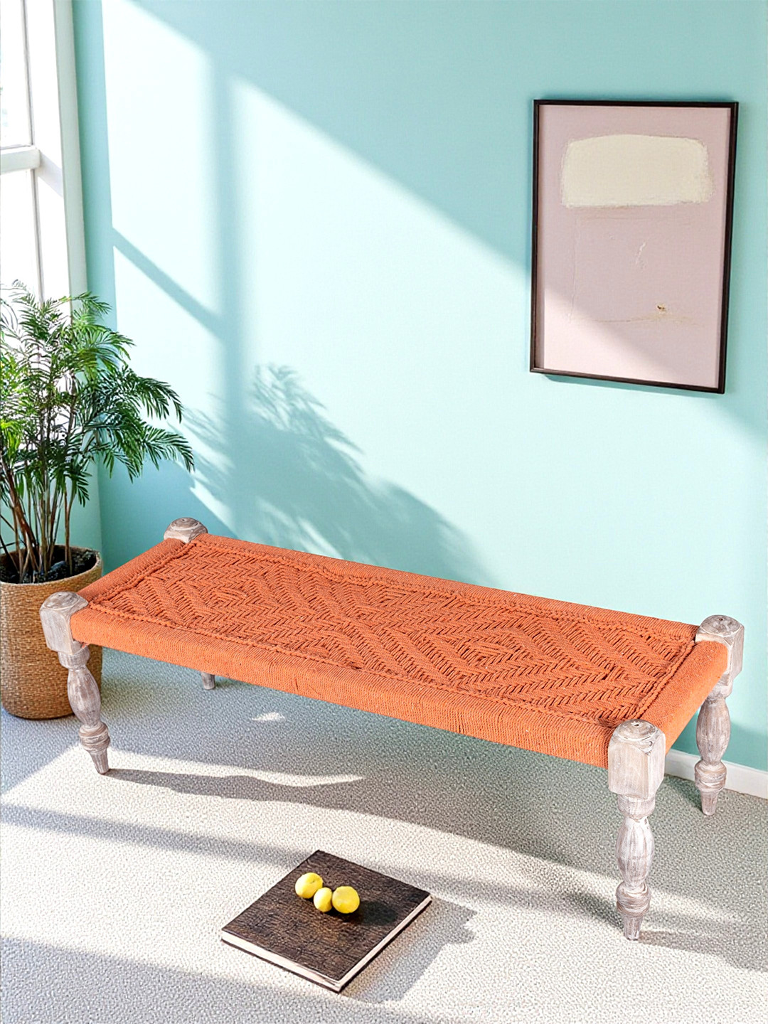 Ikiriya Hamilton Sheesham Wood Vintage 3 Seater Maachi Bench In Orange Rope Canning
