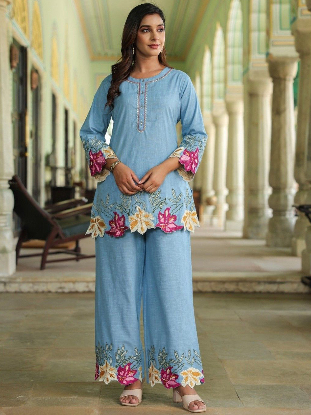AUTUMN LANE Mahua Berry Applique Pure Cotton Tunic With Trouser Co-Ords