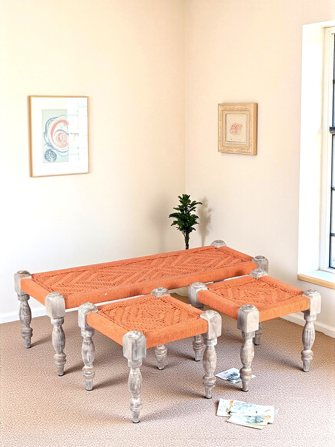 Ikiriya Sheesham Wood 3+1+1 Seater Maachi Bench Set With 2 Stools In Orange Rope Canning