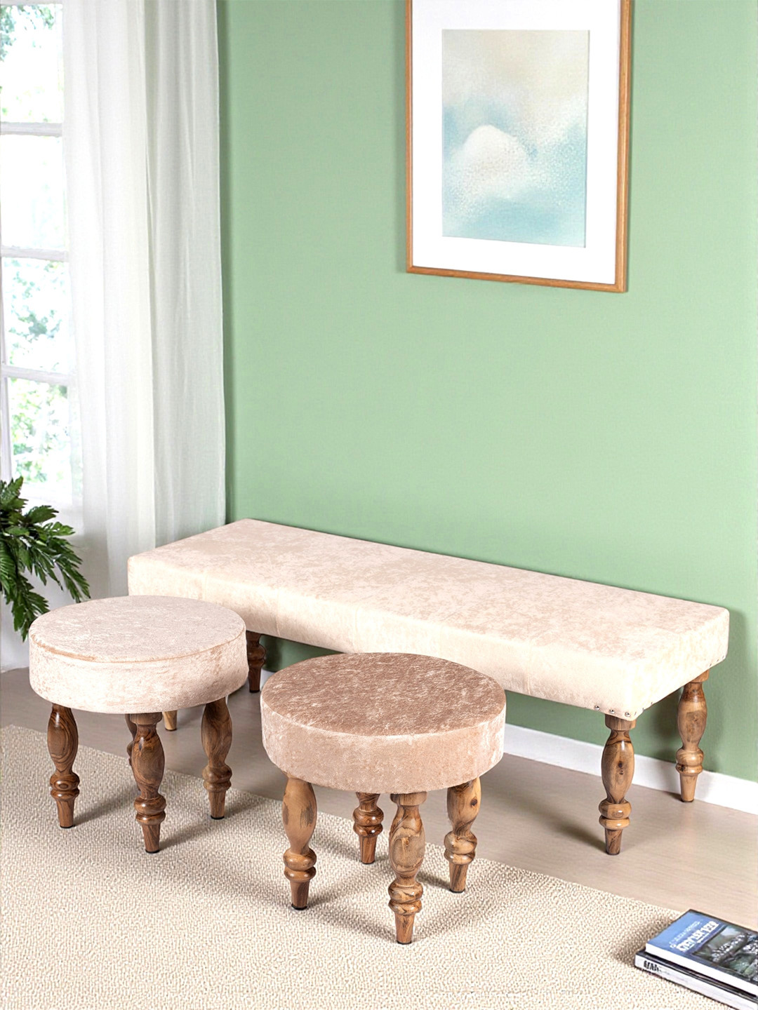 Ikiriya Sheesham Wood Accent 3+1+1 Seater Bench Set With 2 Stools In Beige Sparkle Velvet