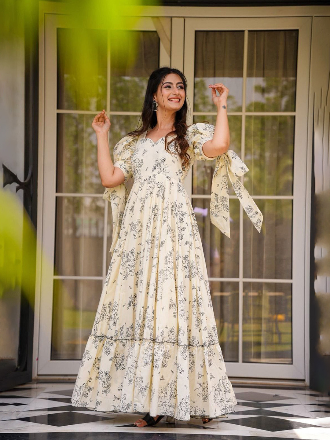 J.KANJI Floral Printed Puff Sleeve fit and flare Maxi Dress