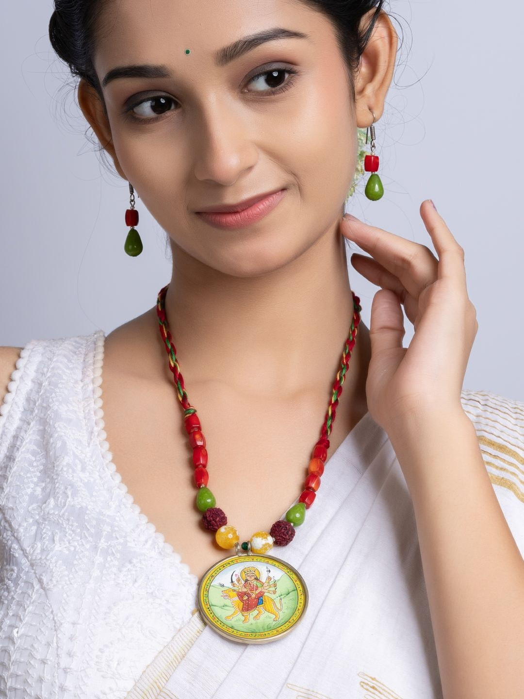 Look and Adorn Coral Jade Adjustable Necklace Set With Earrings