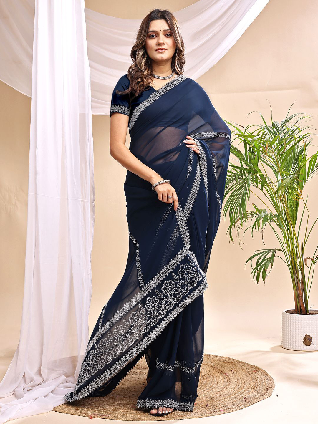 Leelavati Pure Georgette Beads and Stones Saree