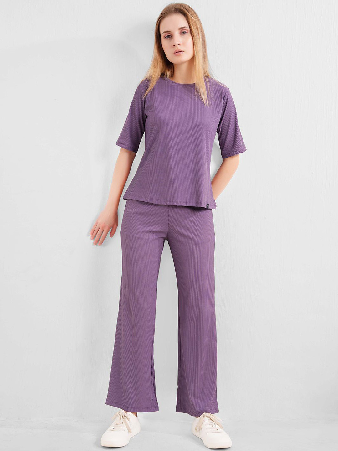 L&M Leisure and Moods Textured Round Neck Top with Trousers Relaxed Fit Co-Ords