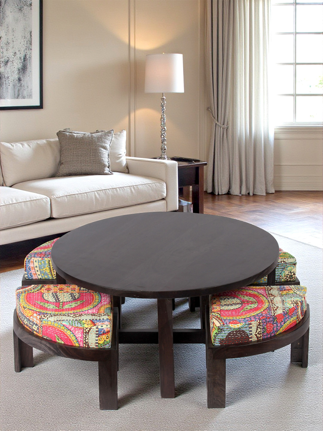 Ikiriya Sheesham Wood Bohemian Coffee Table Set In Dark Mahagony Finish