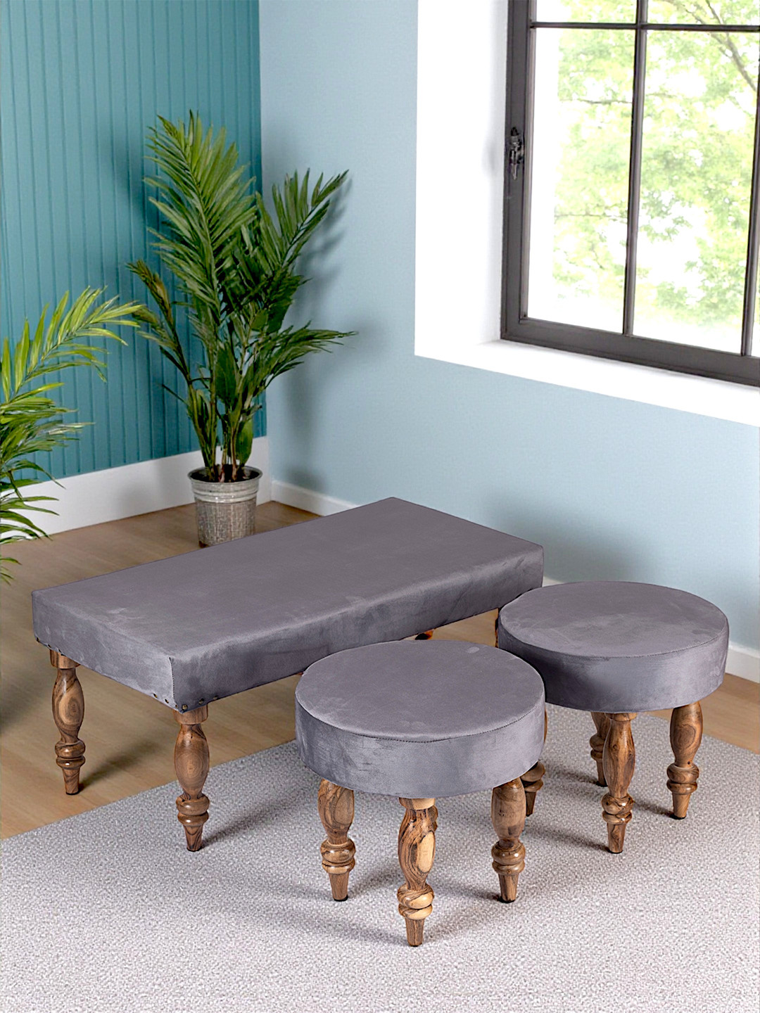 Ikiriya Sheesham Wood Accent 2+1+1 Seater Bench Set With 2 Stools In Iron Grey Velvet