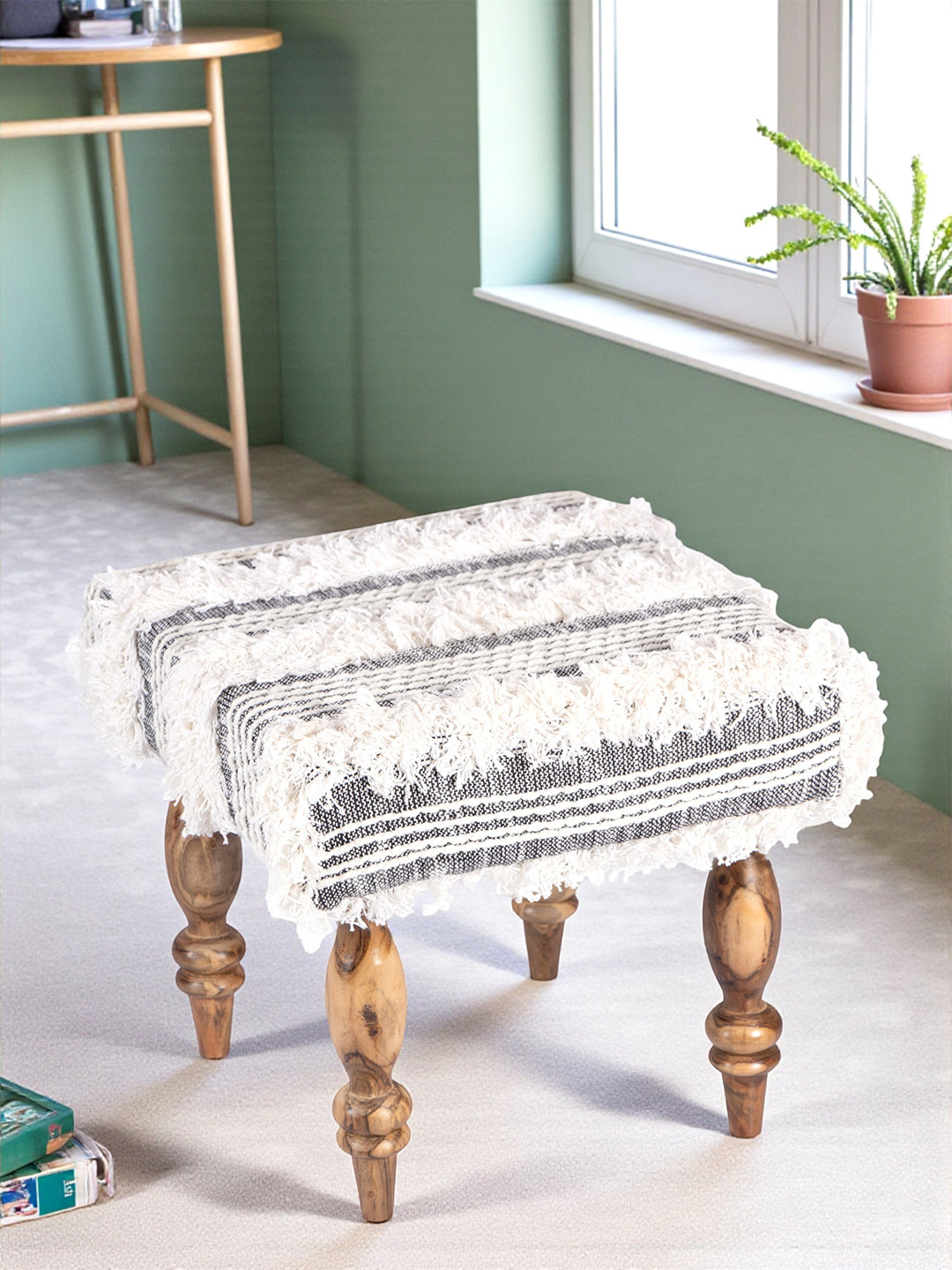 Ikiriya Sheesham Wood Mid Century Square Stool In Grey Fabric With Fringes Upholstery