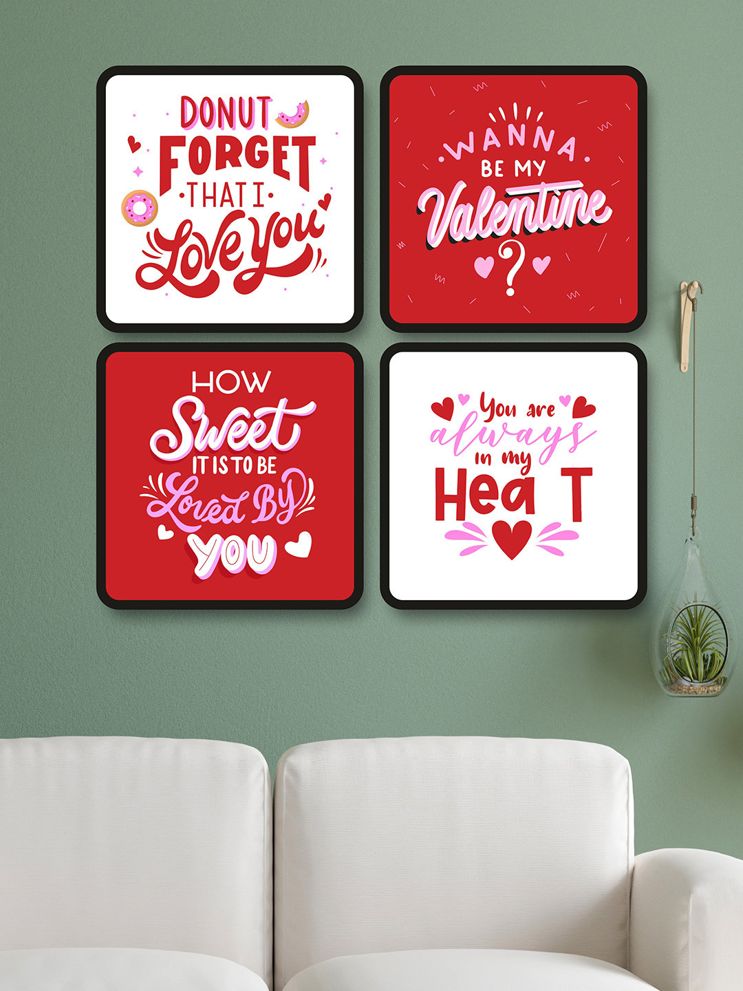 SAF 4-Pcs White & Pink Love Quotes Painting Framed Wall Art