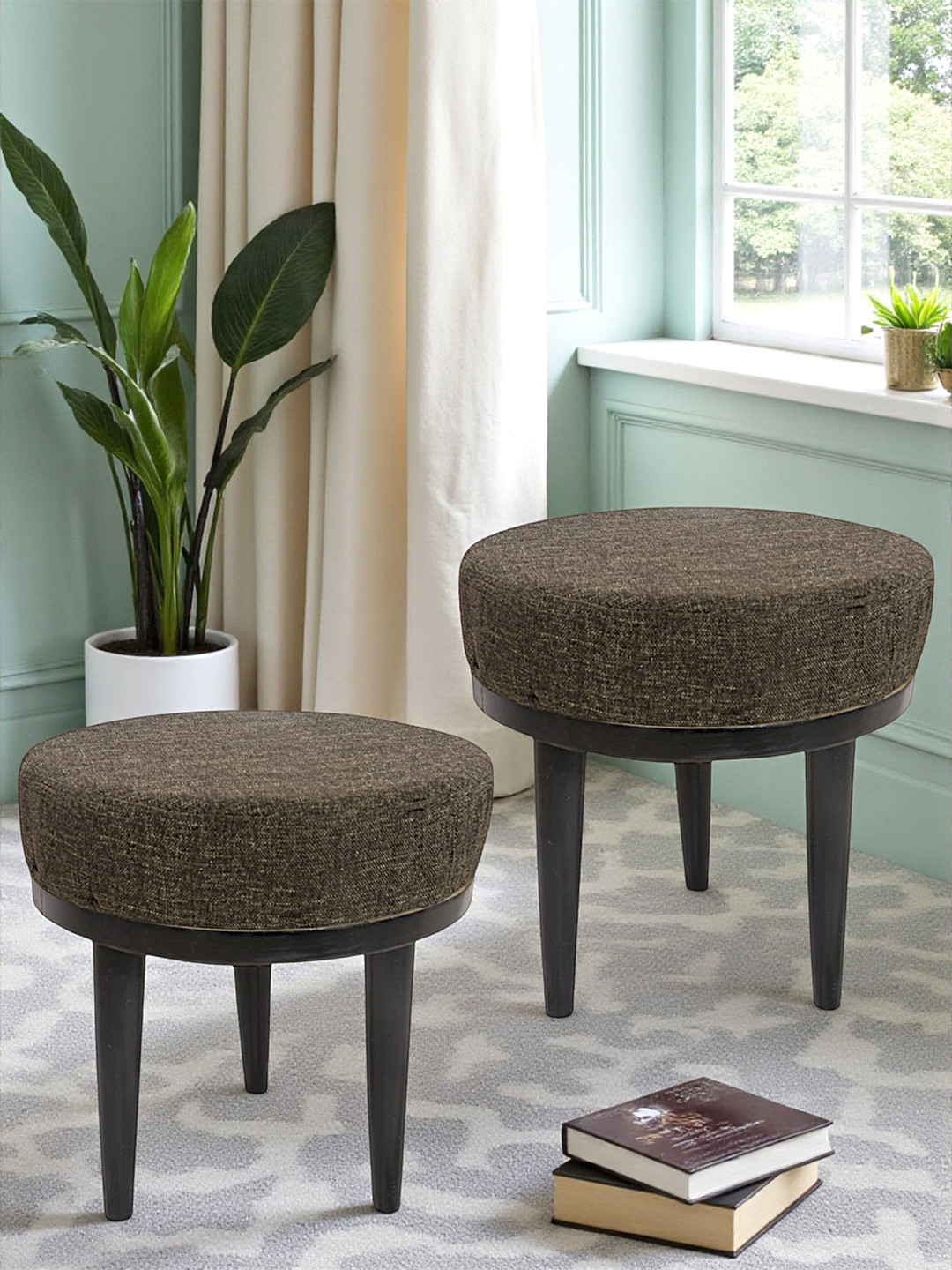 Ikiriya Lisbon Sheesham Wood Accent Round Set Of 2 Stools In Jute Brown Upholstery