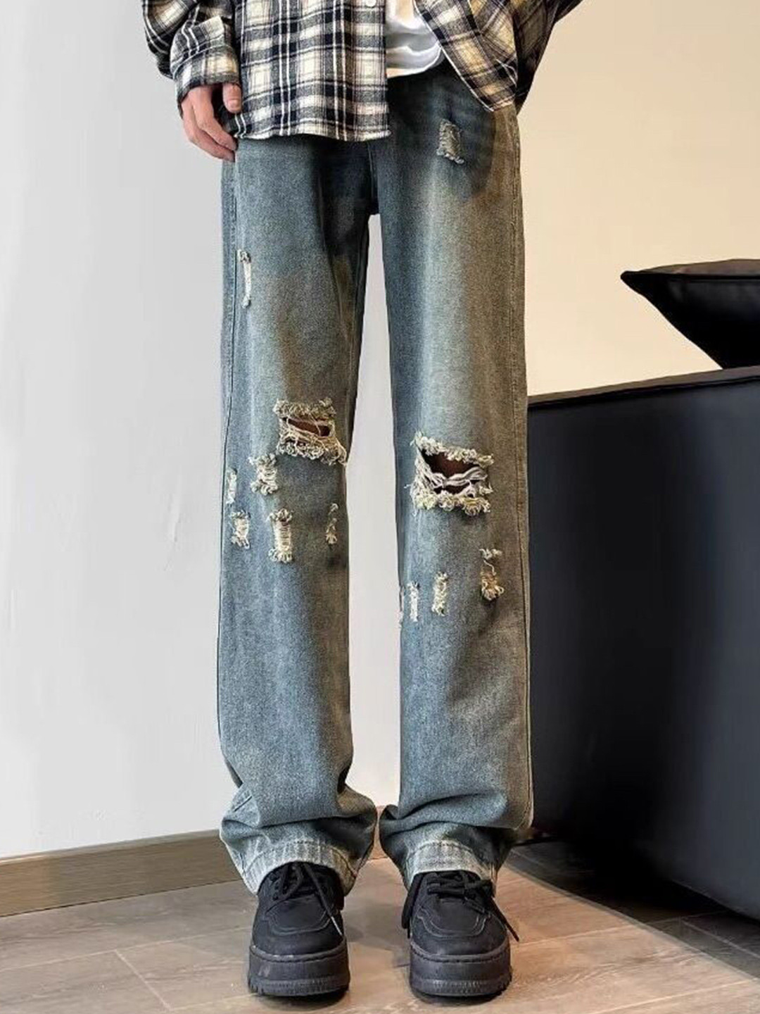 StyleCast x Revolte Men Straight Fit Mid-Rise Mildly Distressed Light Fade Retro Jeans