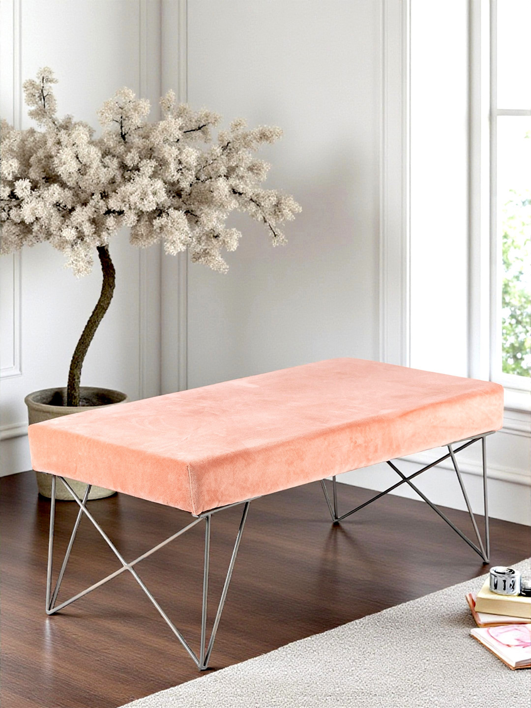 Ikiriya Sheesham Wood Accent 2 Seater Bench With Metal Legs In Melon Pink Cotton Velvet