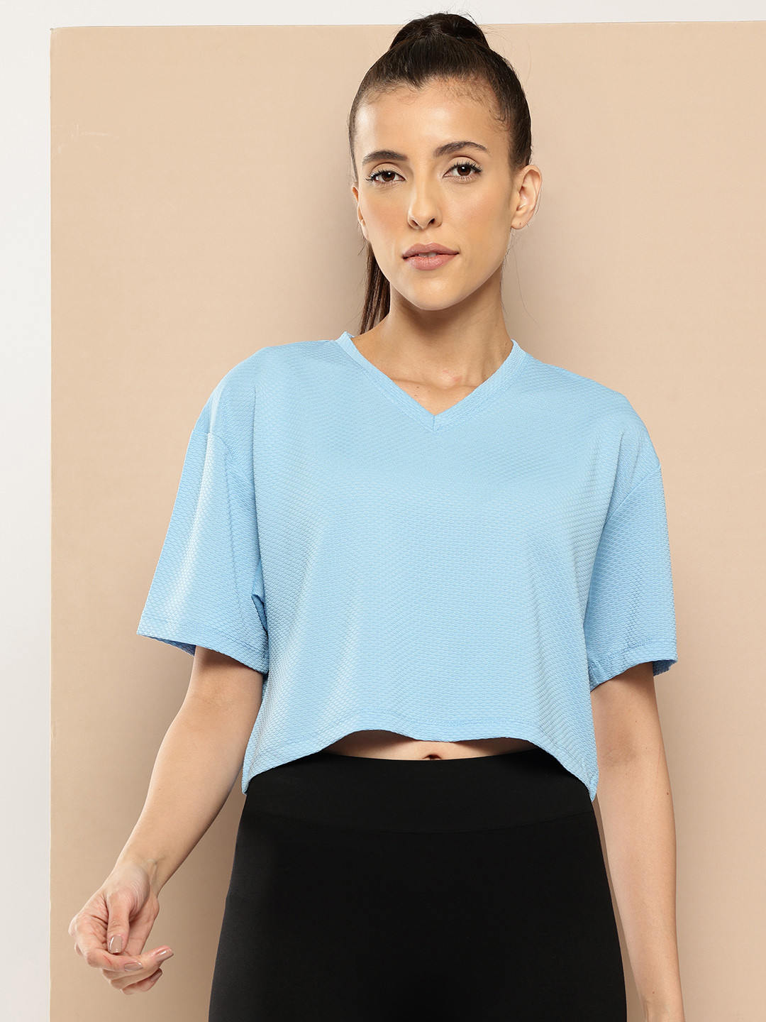 Alcis Textured V-Neck Oversized Crop T-shirt