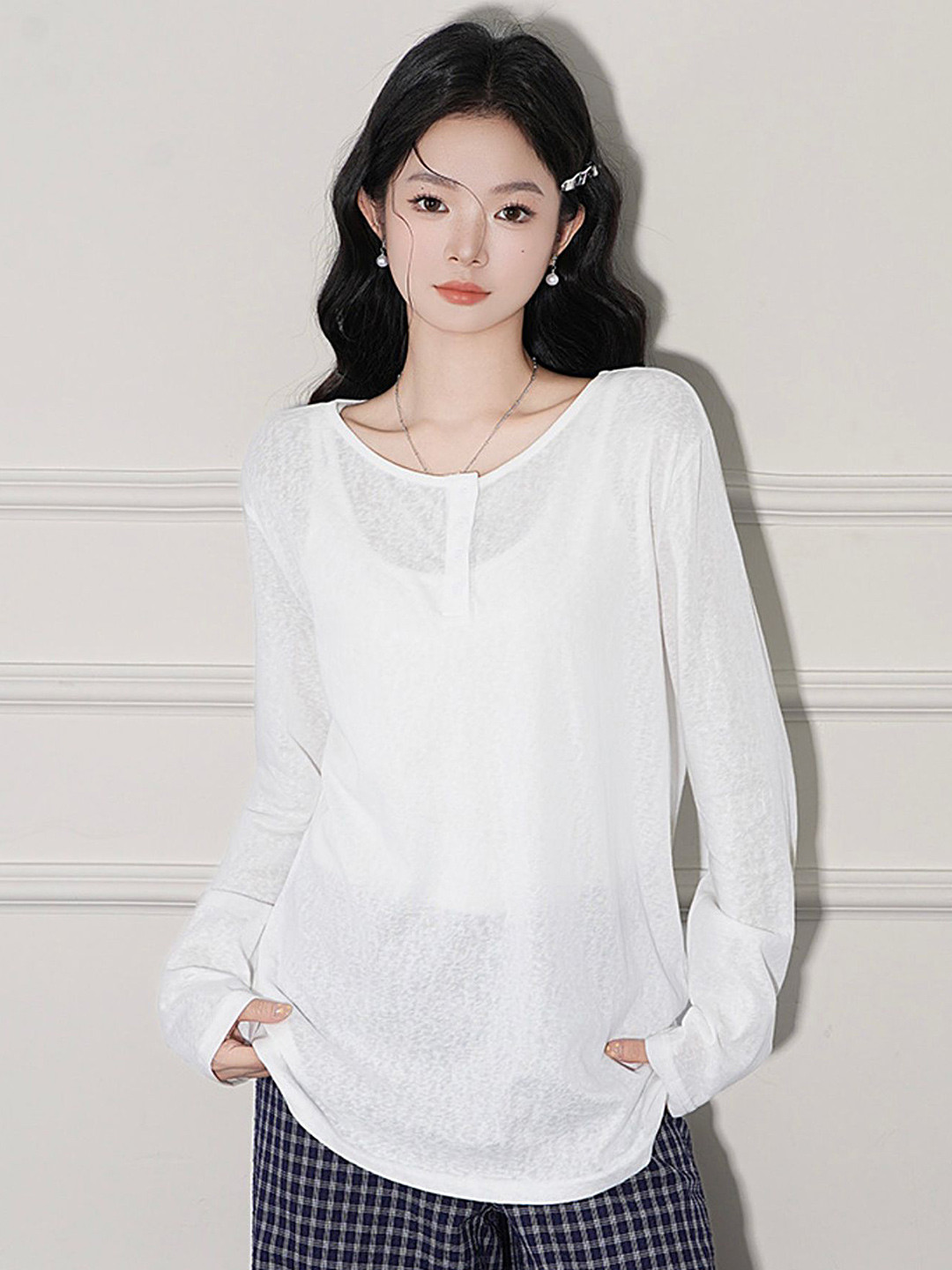LULU & SKY Women Henley Neck Long Sleeve Cotton Regular Top
