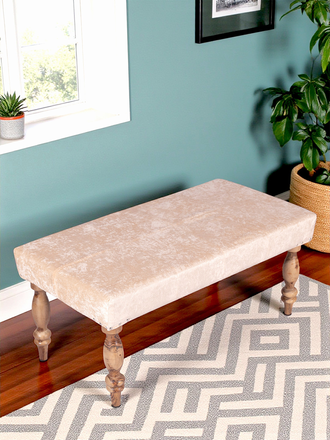 Ikiriya Bestone Sheesham Wood Accent 2 Seater Bench In Beige Sparkle Velvet