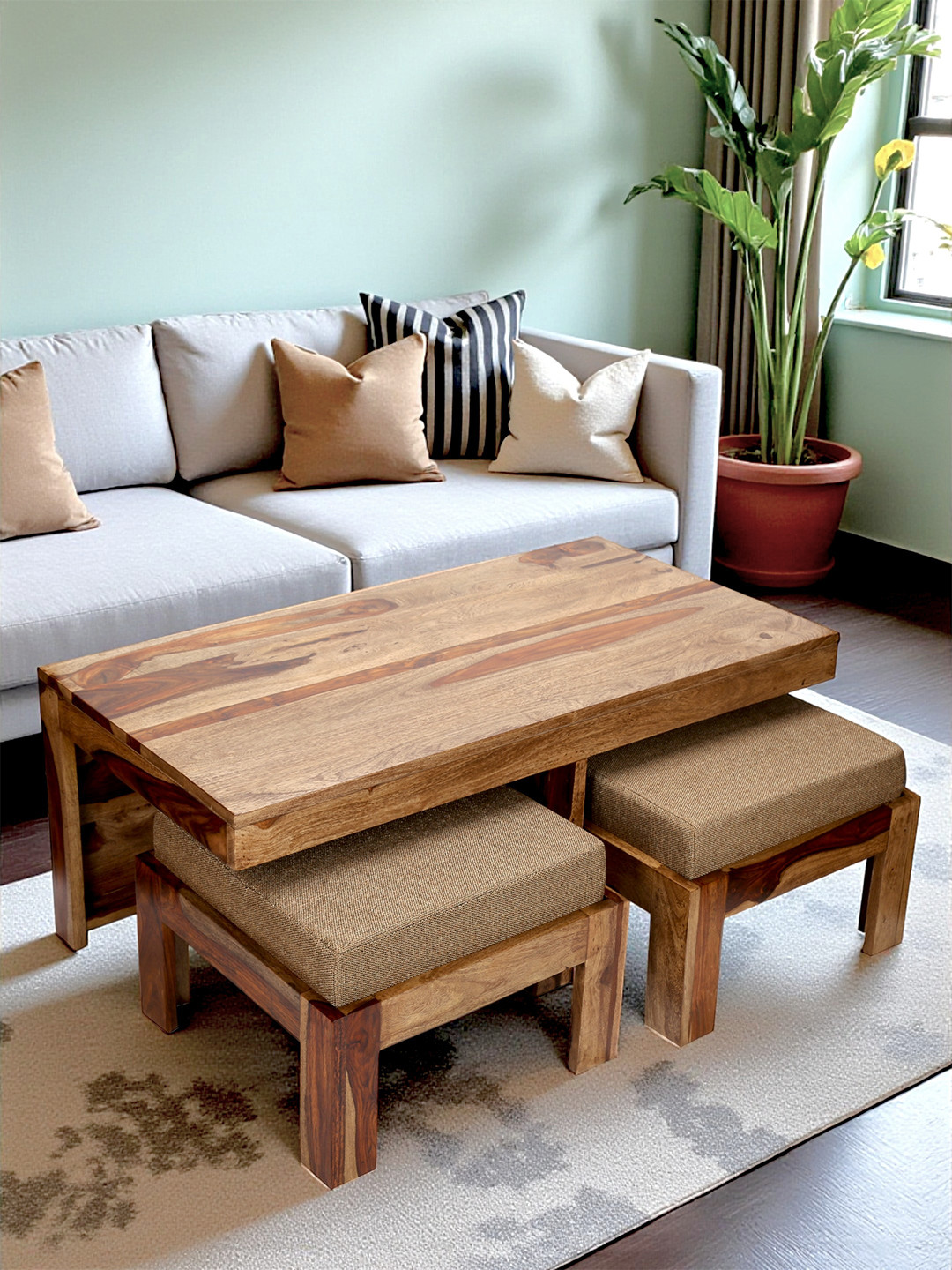 Ikiriya Sheesham Wood Accent Coffee Table Set In Teak Finish