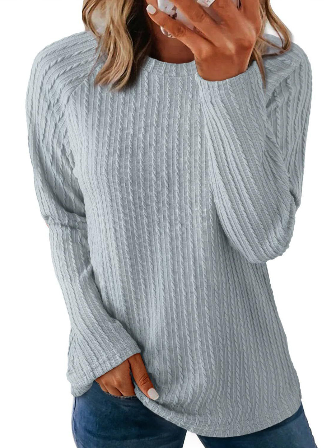 StyleCast Women Blue Ribbed Long Sleeve Top